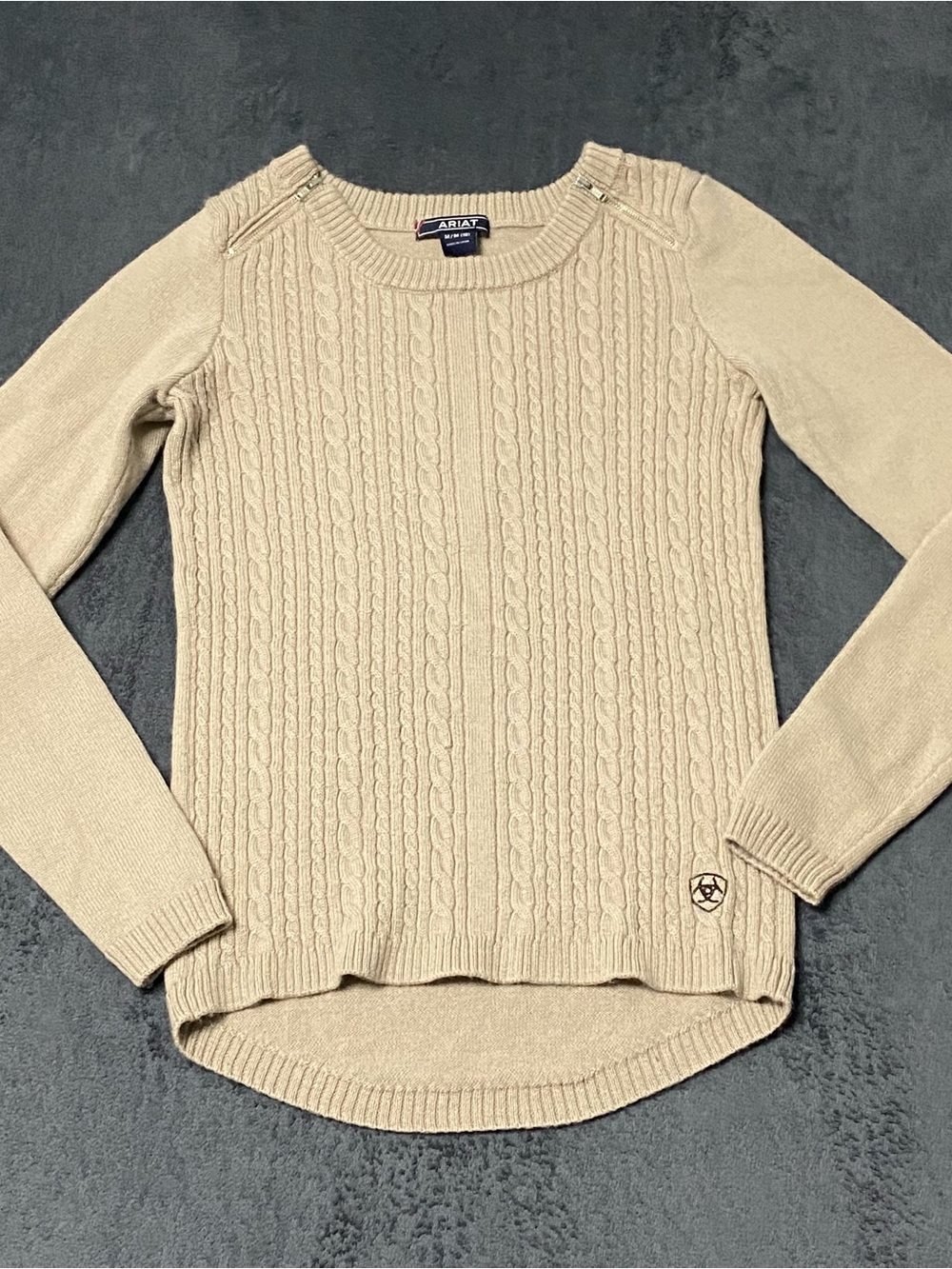 Ariat Sweater Womens M Tan Cable Knit Long Sleeve Cozy Pullover Zipper Detail
